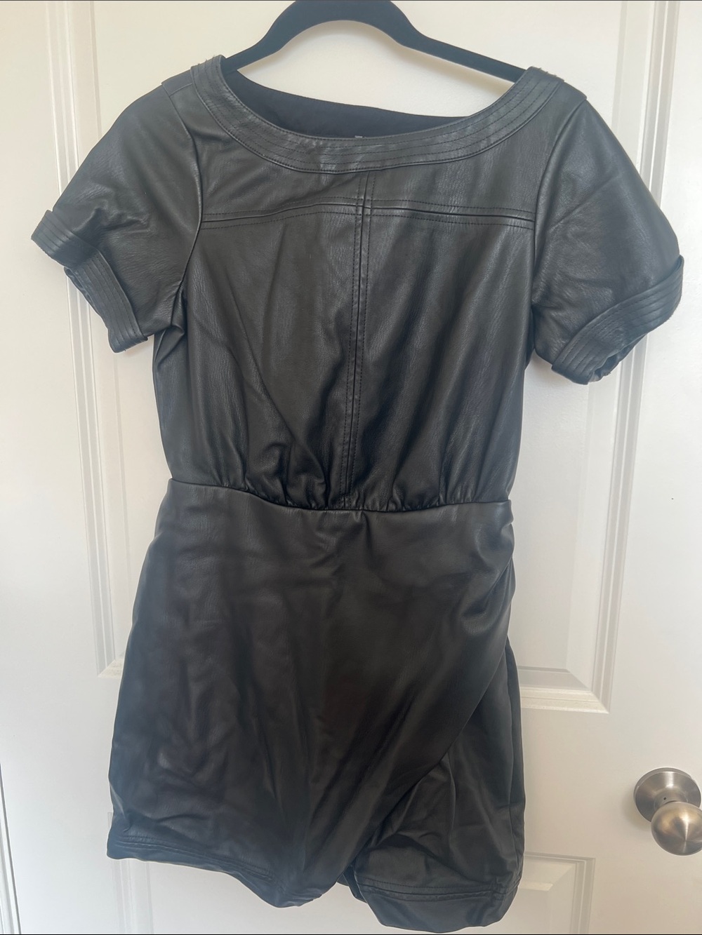 Anthropologie Black Faux Leather Mini Dress with Open-Back Detail